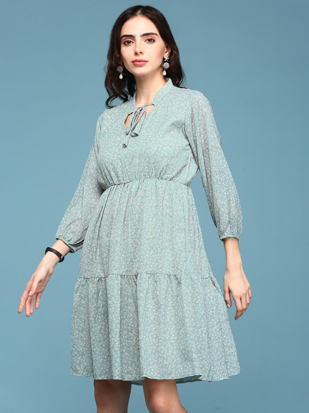 Women's Sea Green Floral Chiffon Fit & Flare Dress