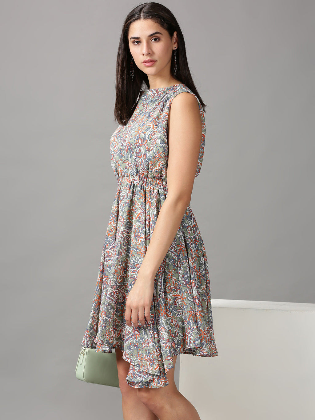 Women's Olive Ethnic Motifs Chiffon Fit & Flare Dress