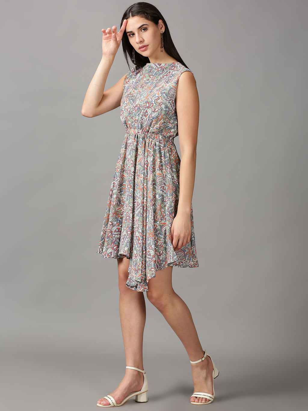 Women's Olive Ethnic Motifs Chiffon Fit & Flare Dress