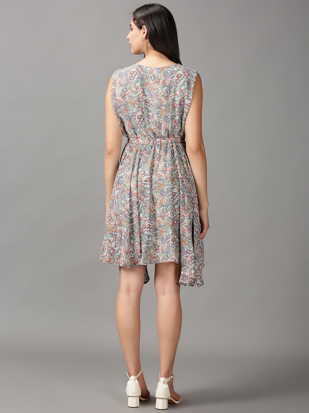Women's Olive Ethnic Motifs Chiffon Fit & Flare Dress