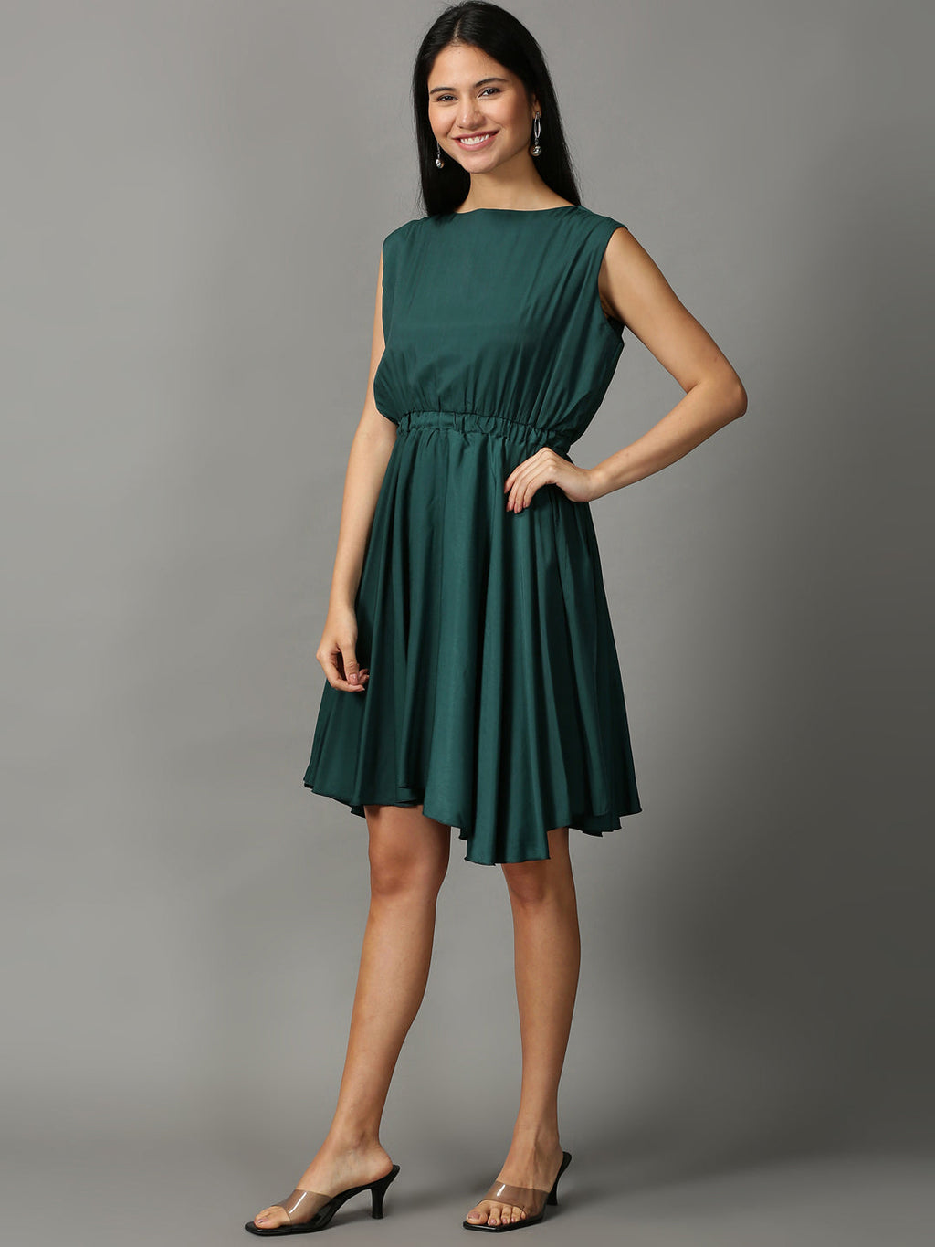 Women's Green Fit and Flare Sleeveless Dress