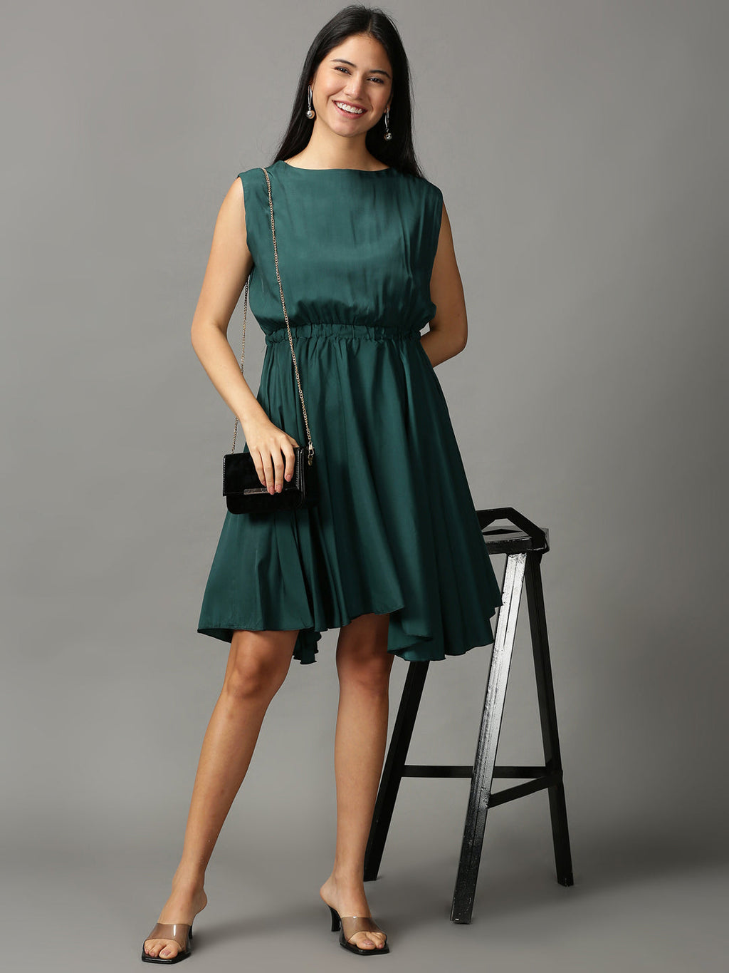 Women's Green Fit and Flare Sleeveless Dress