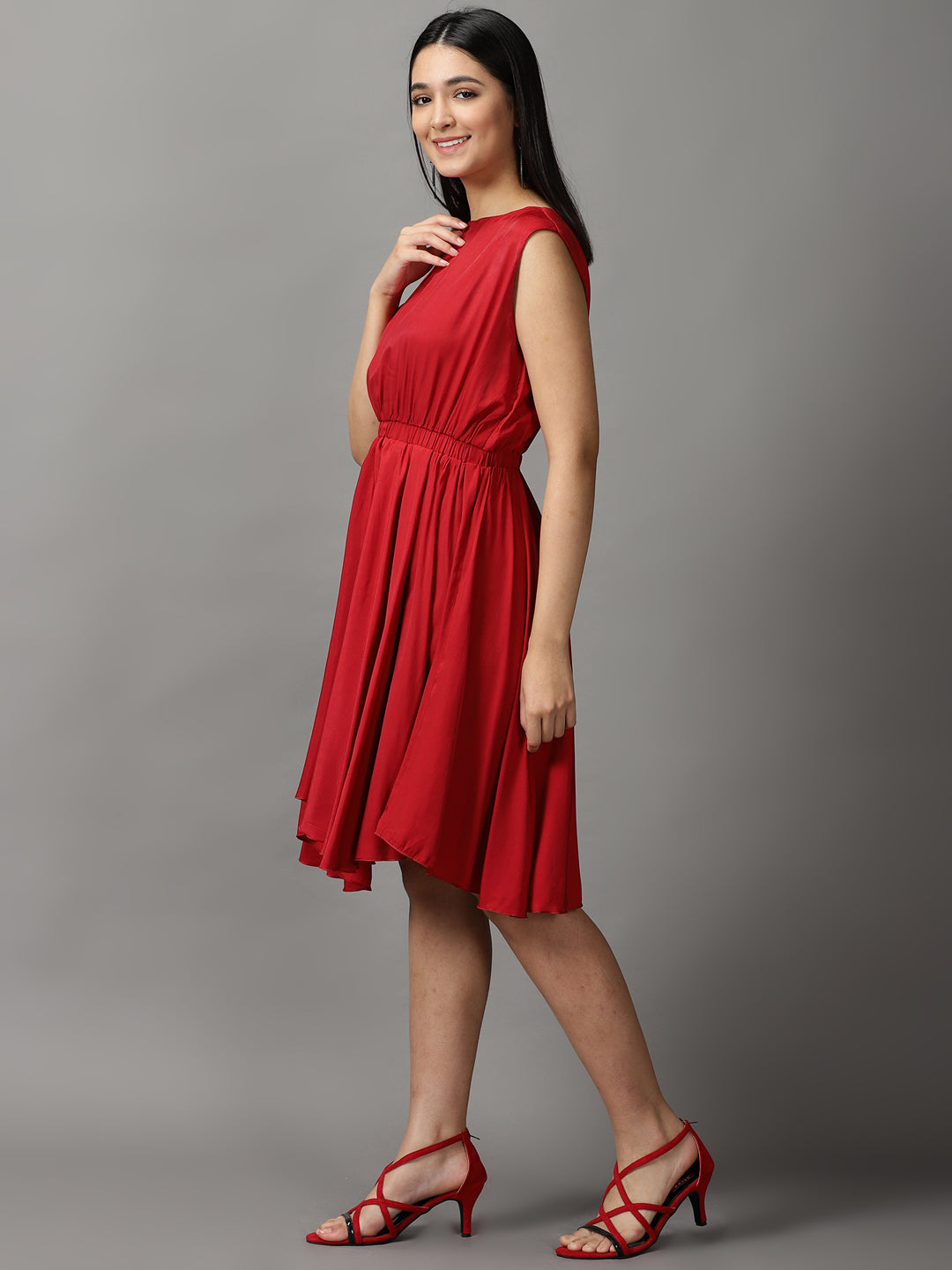 Women's Maroon Boat Neck Knee Length Fit and Flare Dress