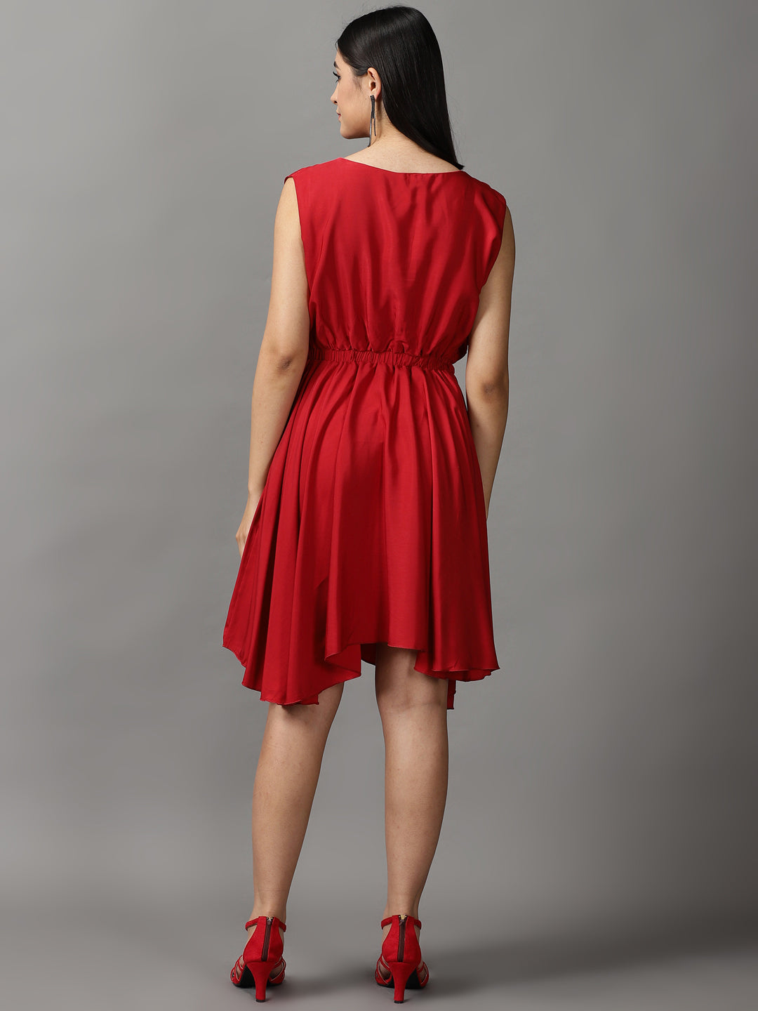 Women's Maroon Boat Neck Knee Length Fit and Flare Dress