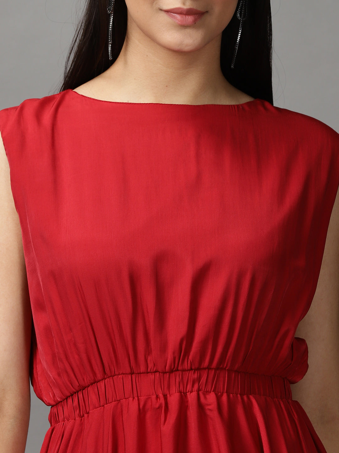 Women's Maroon Boat Neck Knee Length Fit and Flare Dress