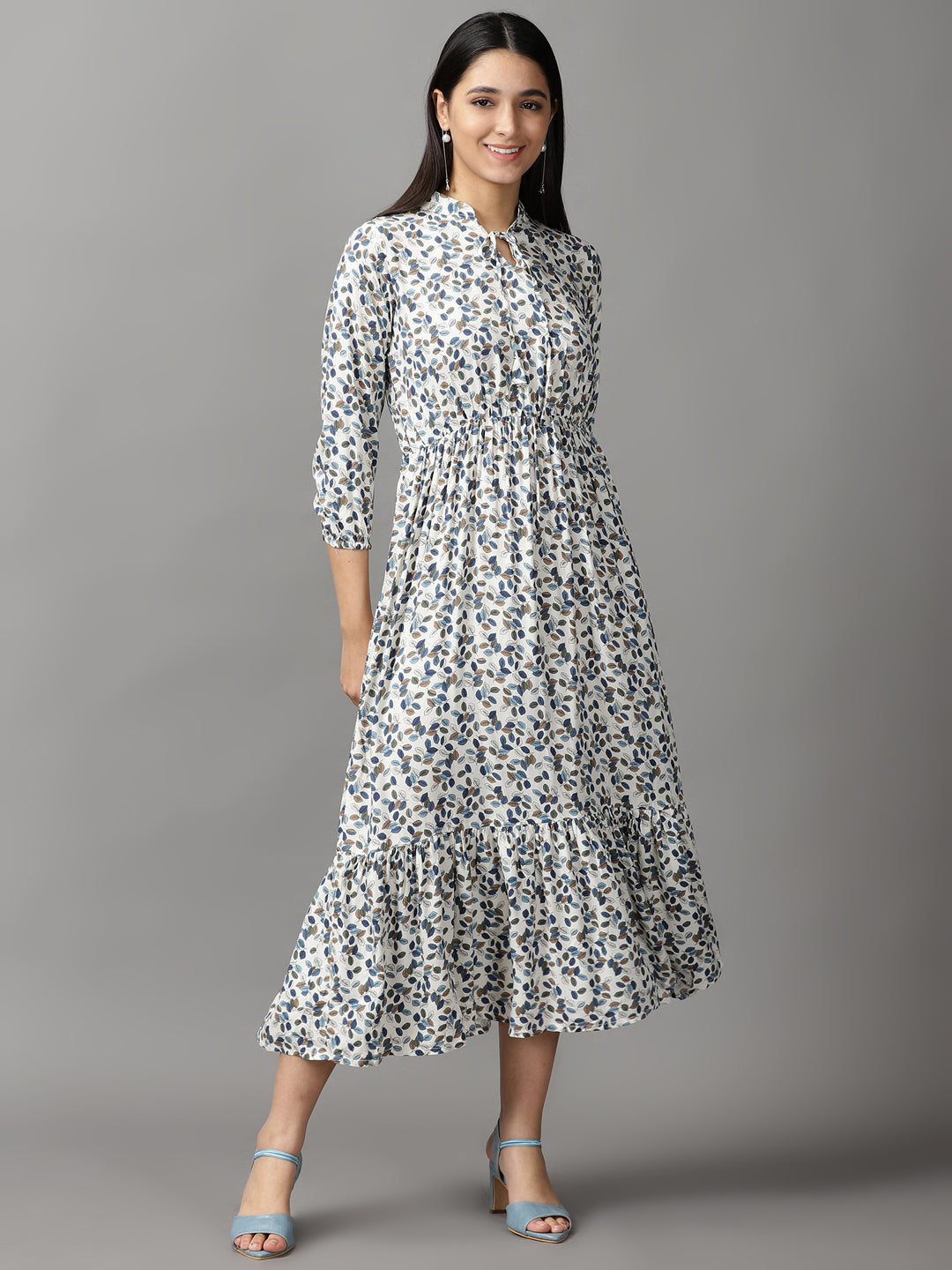 Women's Off White Tropical Fit & Flare Dress