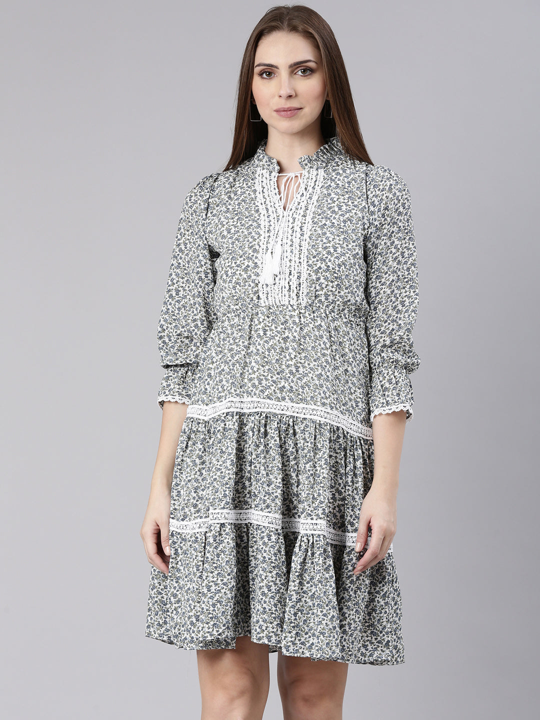 Women's Grey Floral Printed Tie-Up Neck Puff Sleeves Fit & Flare Dress