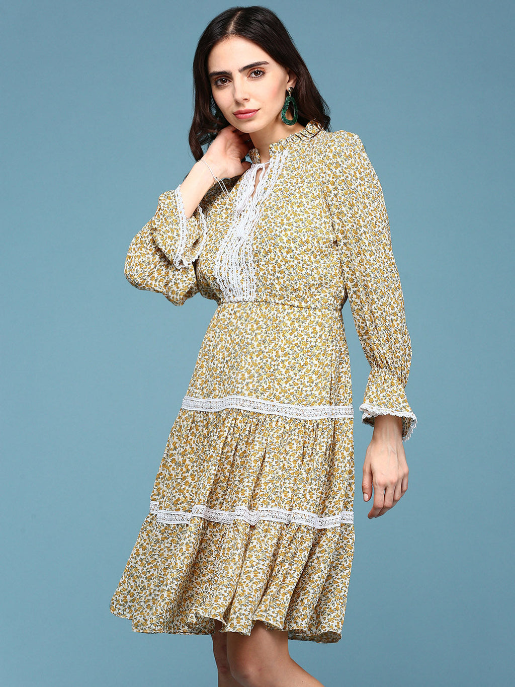 Women's Yellow Floral Printed Tie-Up Neck Lace-Inserts Tiered A-Line Dress