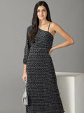 Women's Black Floral One Shoulder Chiffon A-Line Midi Dress