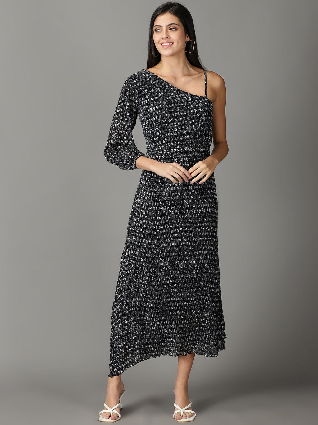 Women's Black Floral One Shoulder Chiffon A-Line Midi Dress