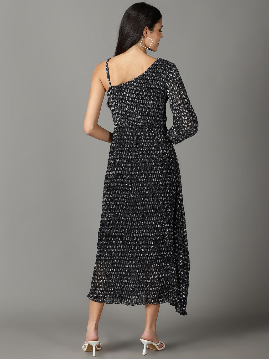 Women's Black Floral One Shoulder Chiffon A-Line Midi Dress