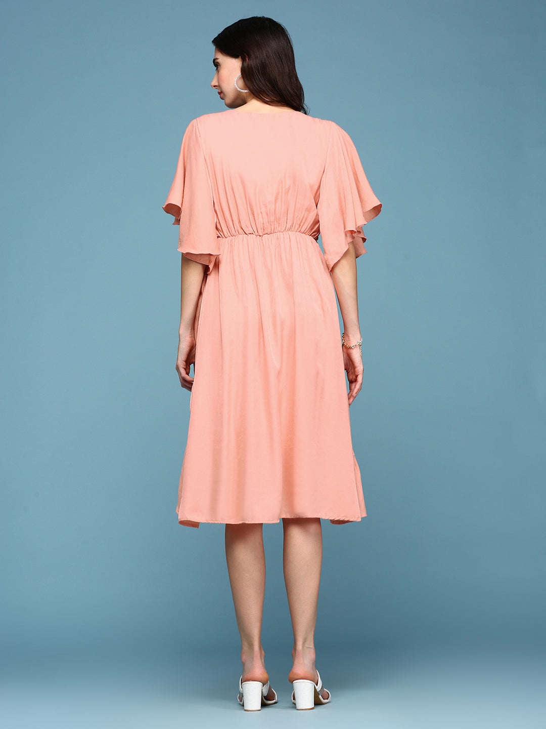 Women's Peach V-Neck A-Line Dress