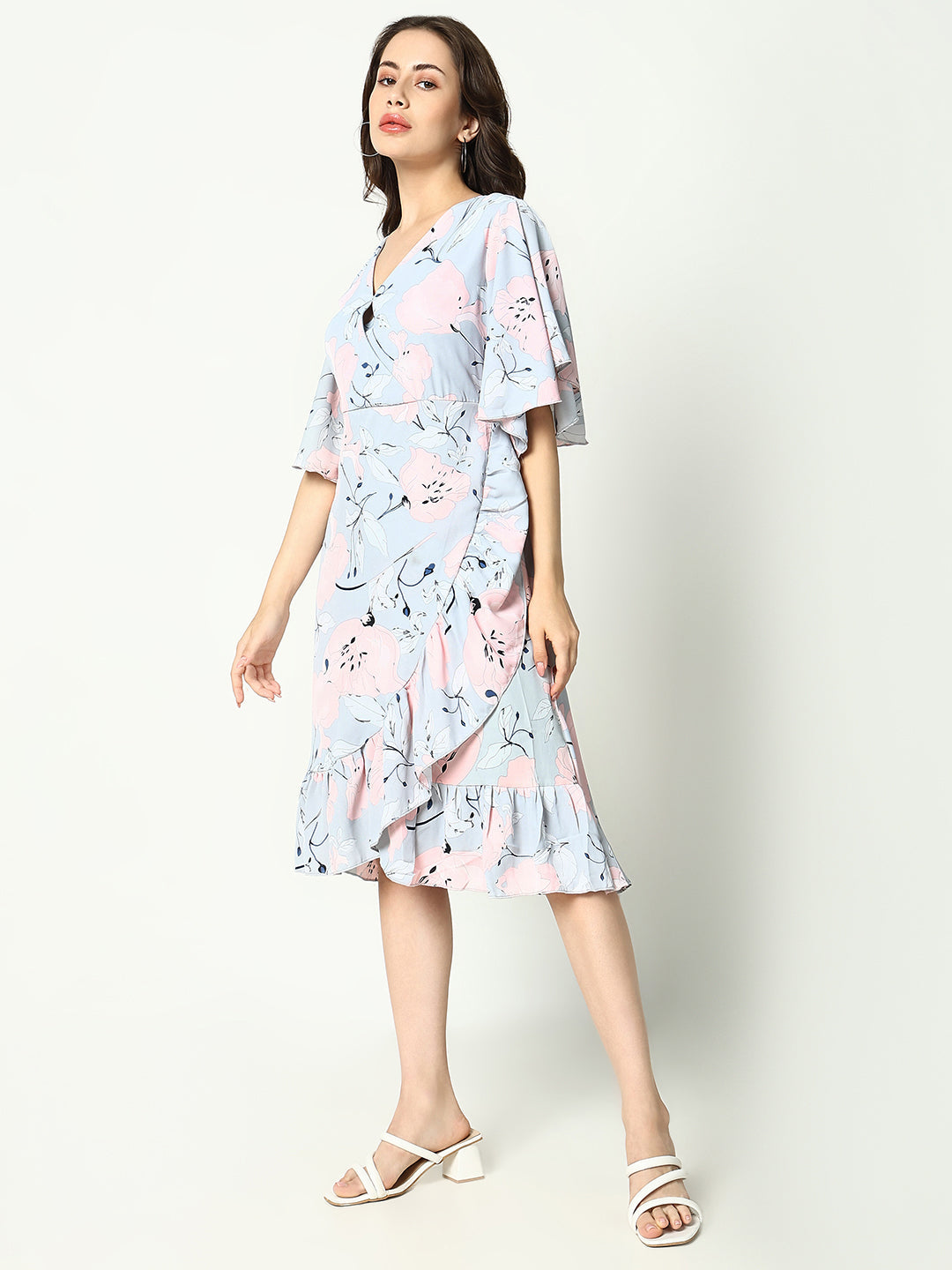 Women's Grey Floral Printed V-Neck Wrap Midi Dress