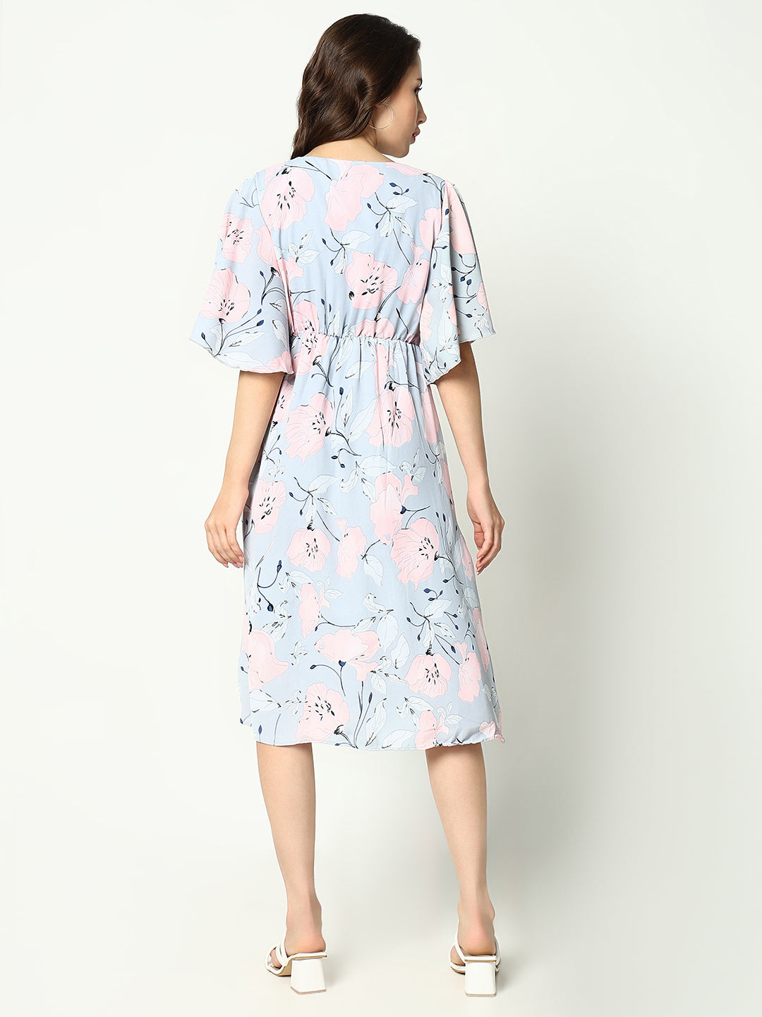 Women's Grey Floral Printed V-Neck Wrap Midi Dress