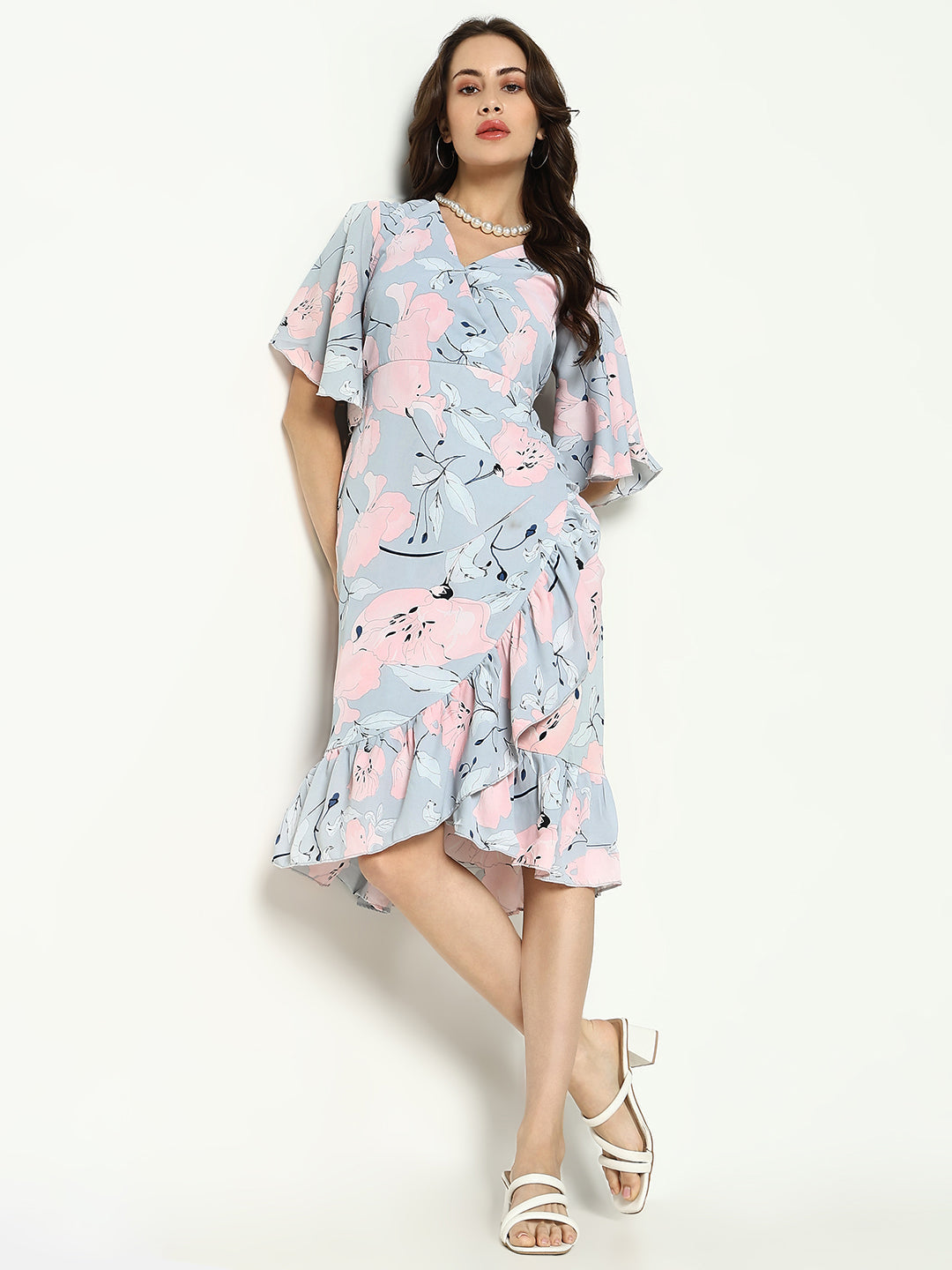 Women's Grey Floral Printed V-Neck Wrap Midi Dress