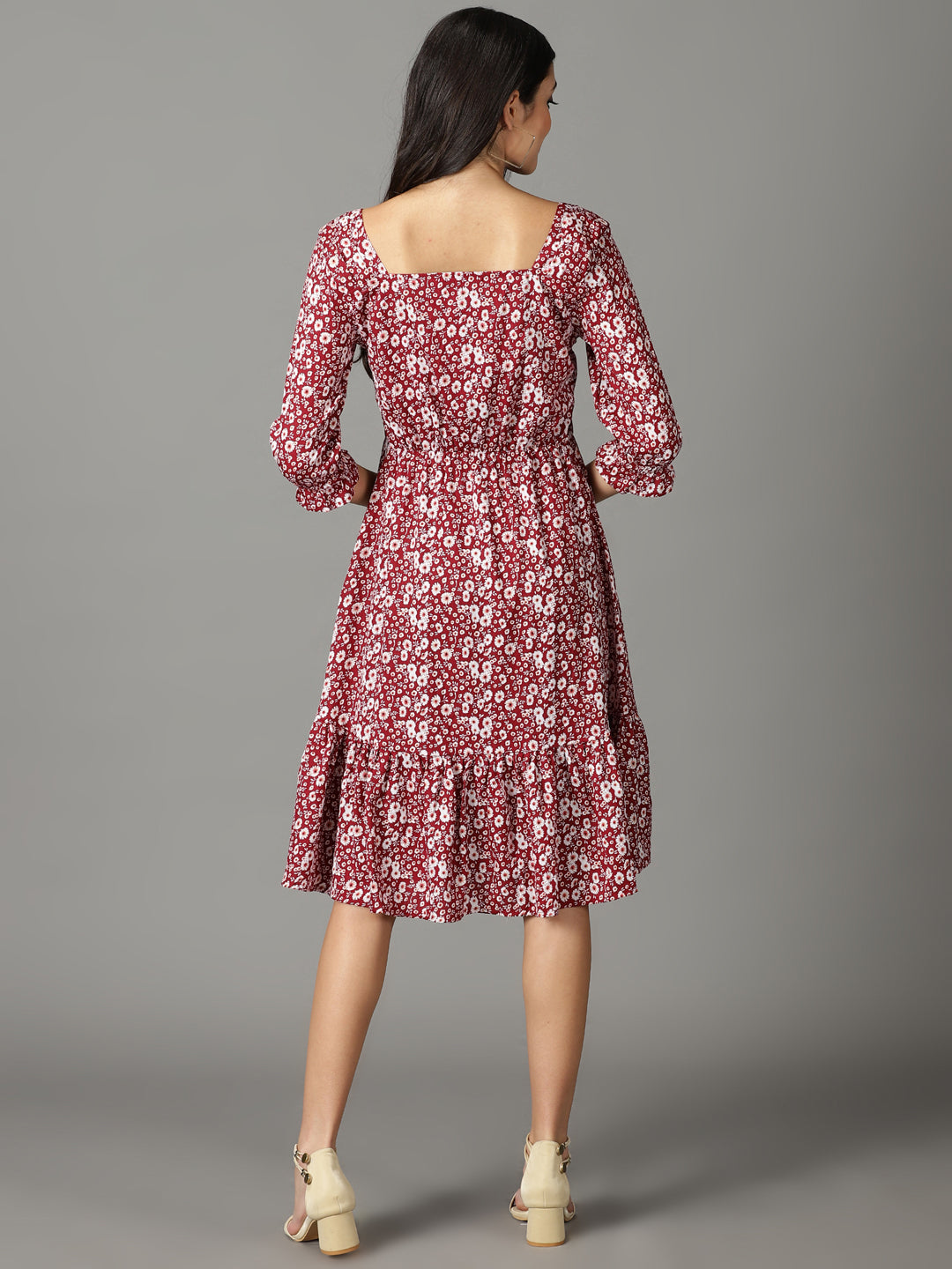 Women's Maroon Ethnic Motifs Chiffon A-Line Midi Dress