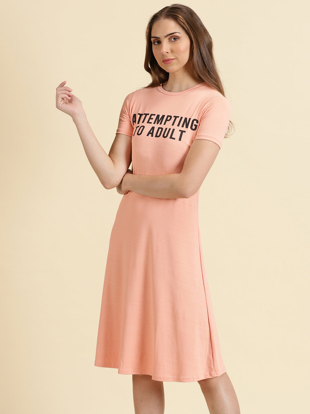 Women's Peach Typography Printed A-Line Dress