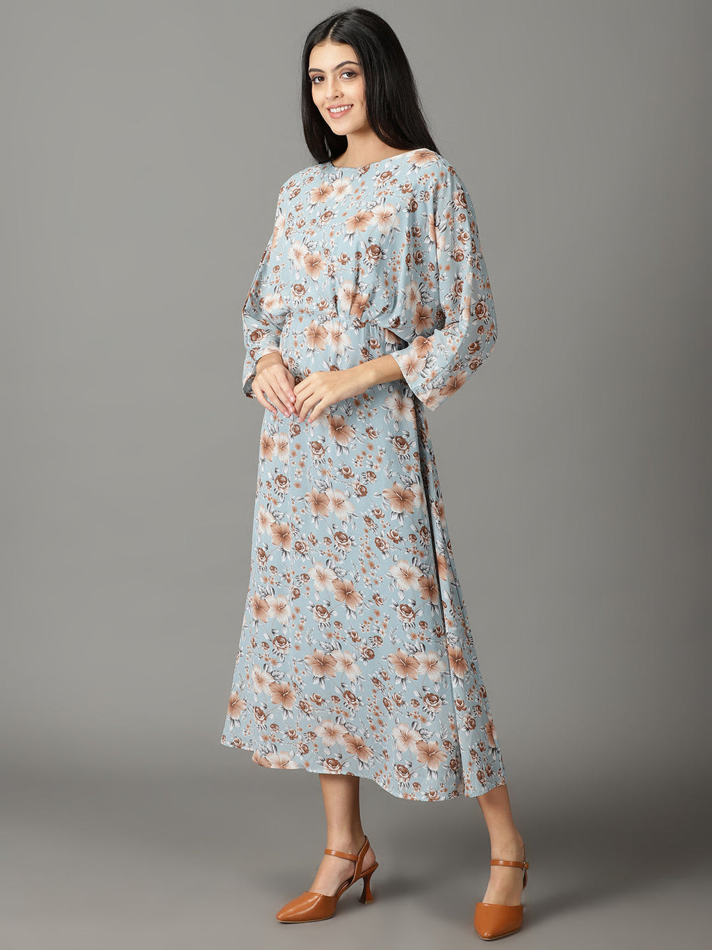 Women's Blue Floral Printed Boat Neck A-Line Maxi Dress