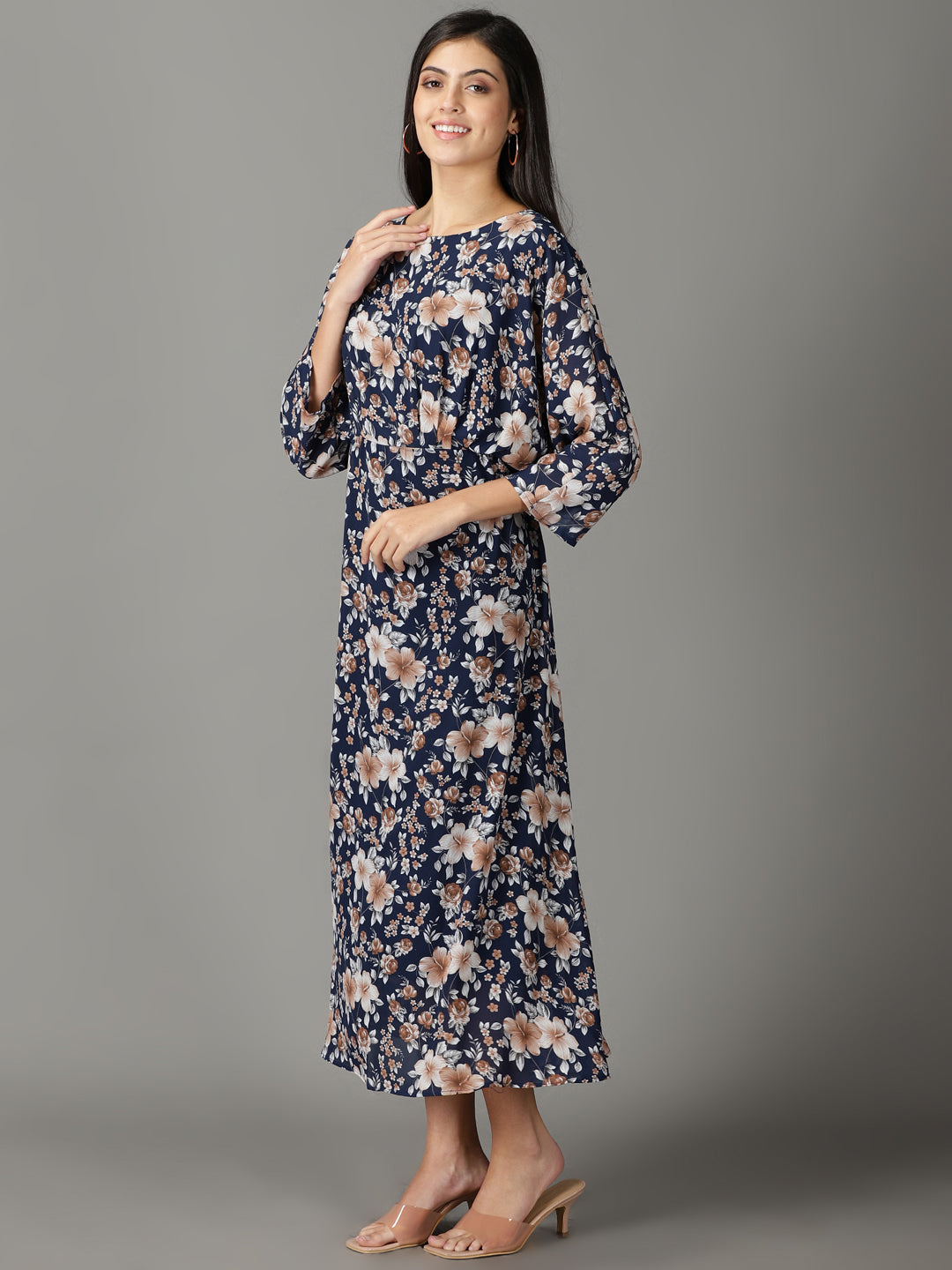 Women's Navy Blue Floral Printed A-Line Dress
