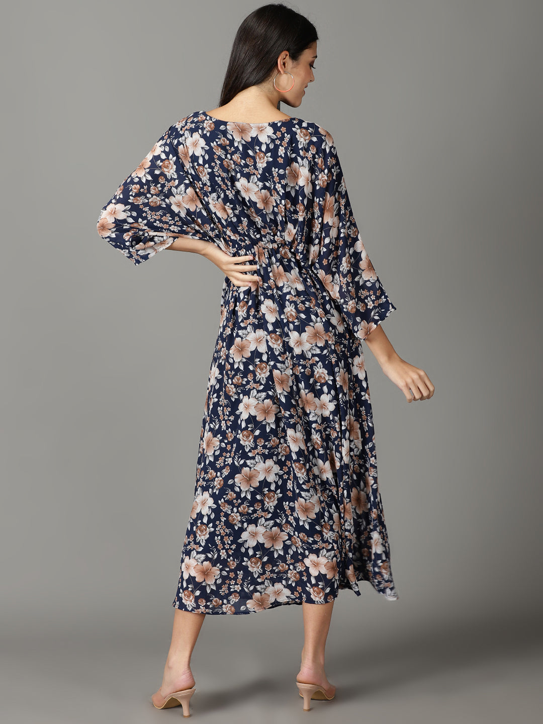 Women's Navy Blue Floral Printed A-Line Dress