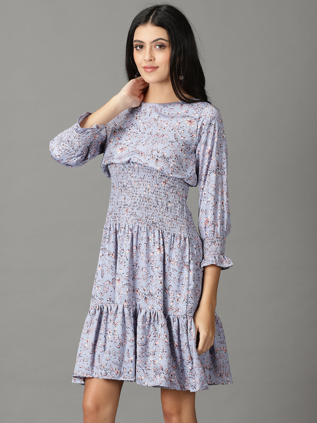 Women's Blue Floral Printed Chiffon Dress