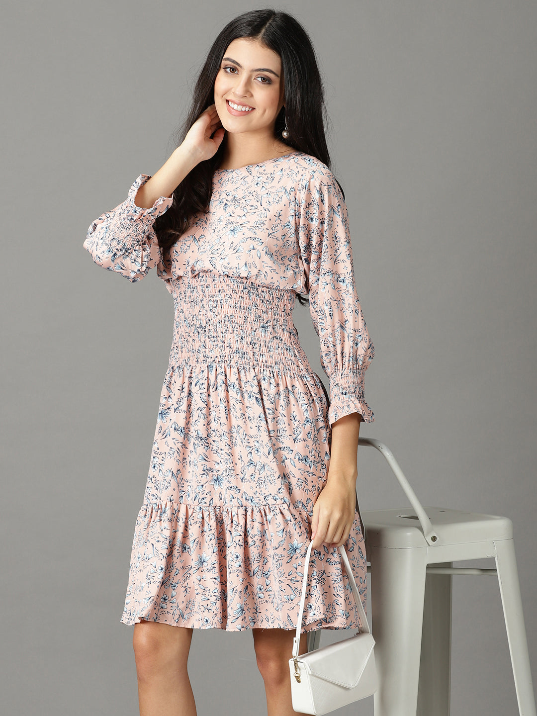 Women's Peach Floral Printed Smocked Detailed A-Line Dress