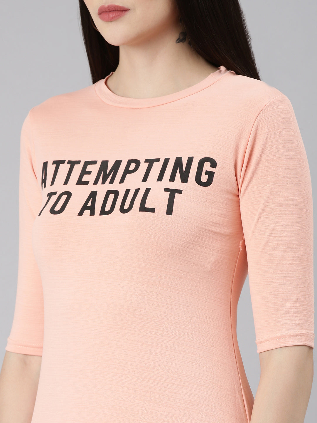 Women's Peach Typography Printed Cotton T-Shirt Dress