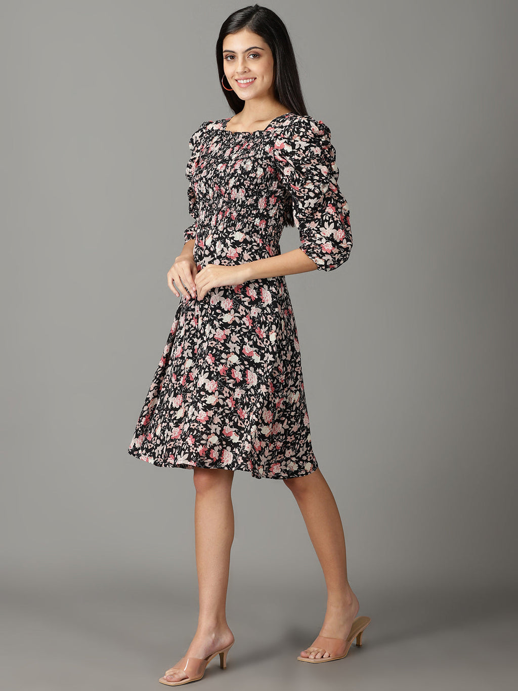 Women's Black Floral A-Line Dress