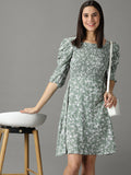 Women's Sea Green Floral Printed Smocked Puff Sleeves A-Line Dress