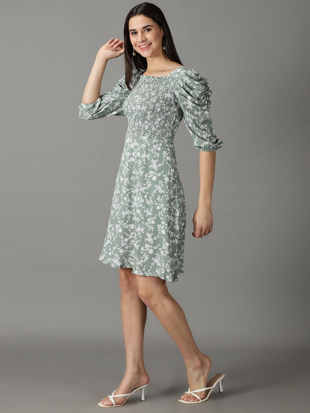 Women's Sea Green Floral Printed Smocked Puff Sleeves A-Line Dress