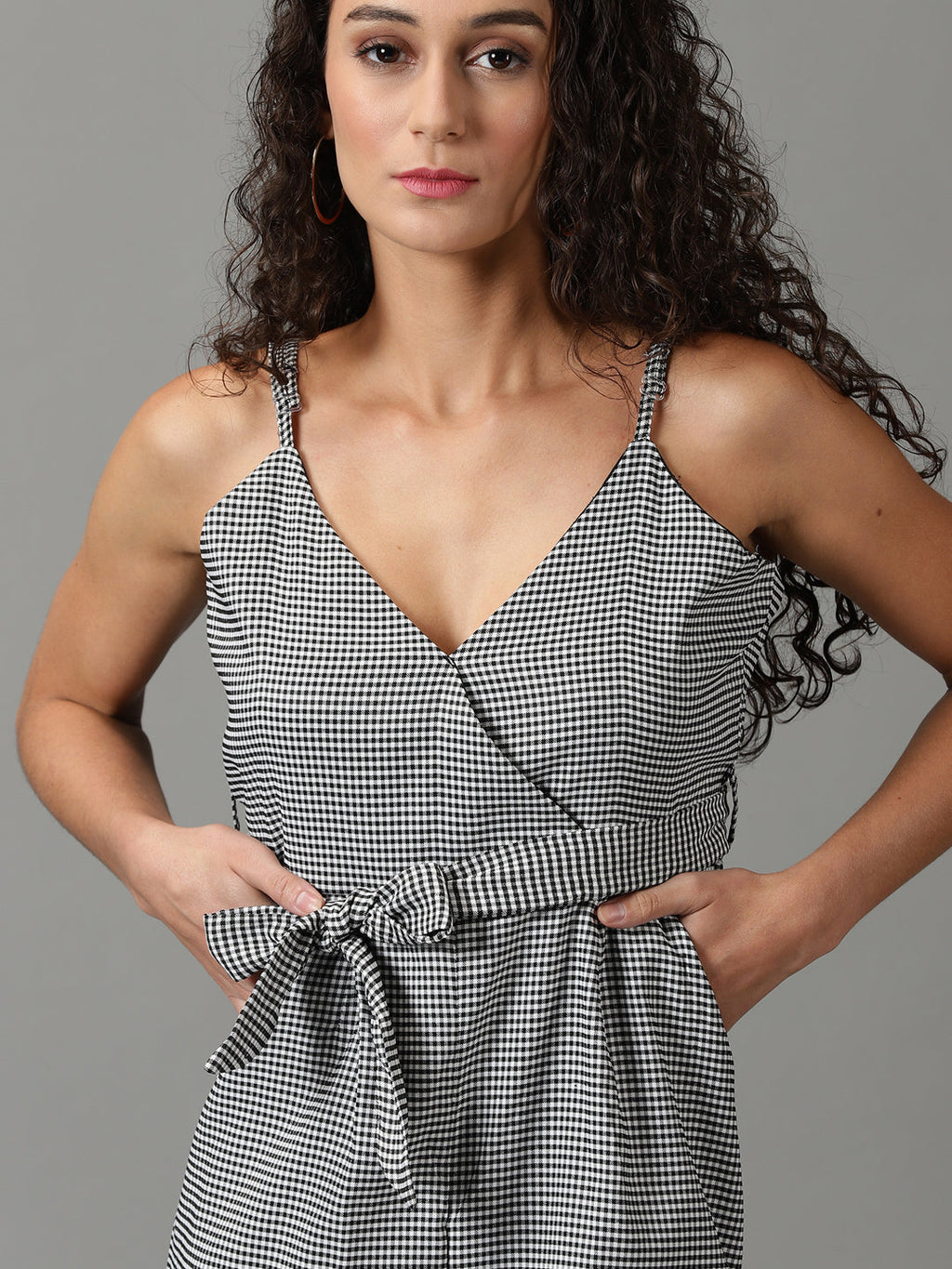 Women's White Checked Shoulder Strap Cotton Basic Jumpsuit With Waist Tie-Ups