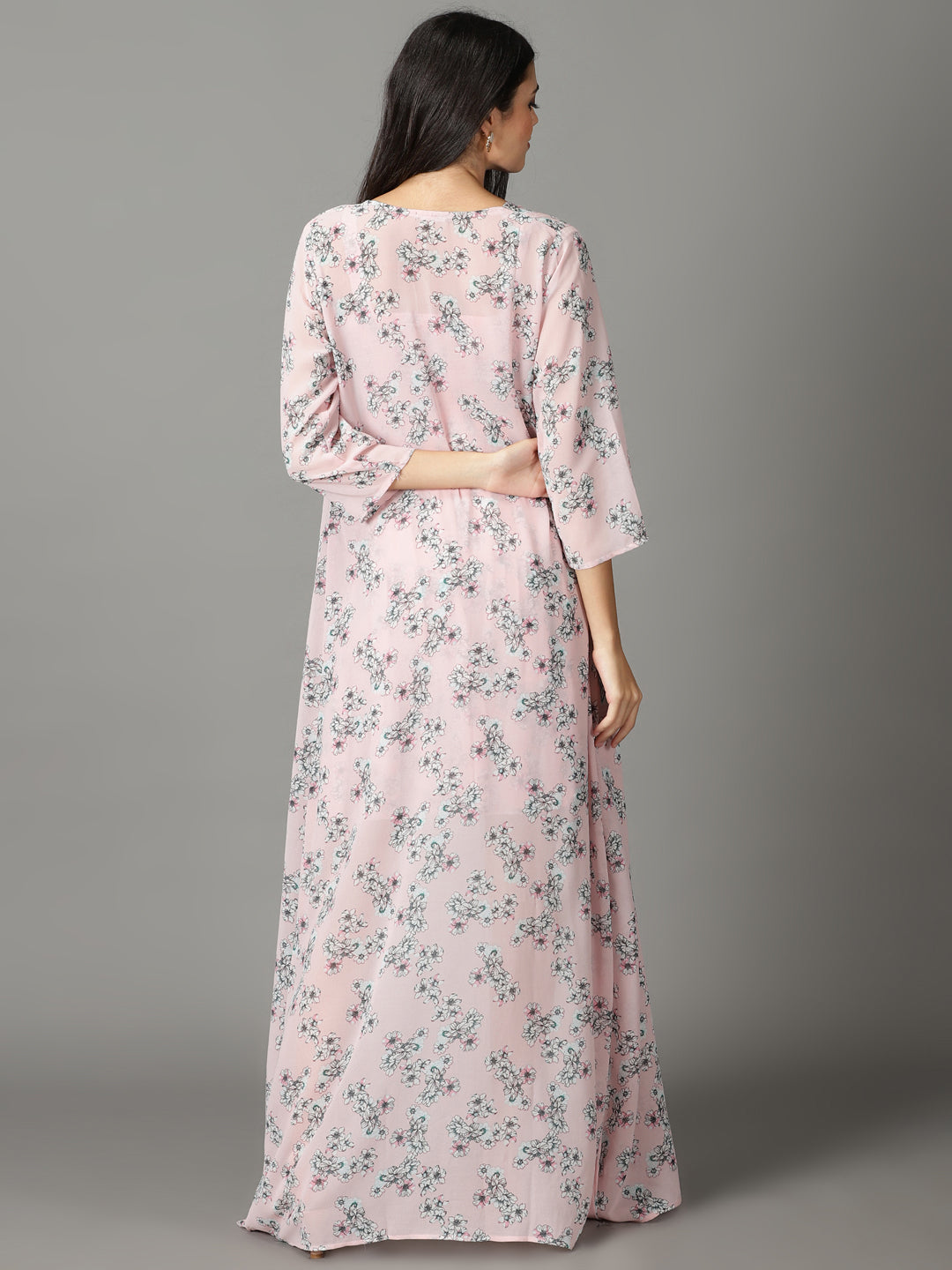 Women's Pink Floral Printed Fit & Flare Dress With Jacket