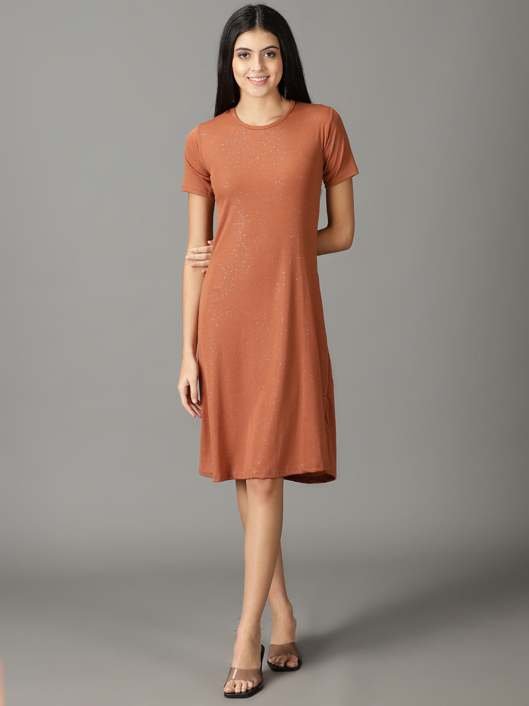 Women's Rust Embellished Round Neck Cut-Out A-Line Dress