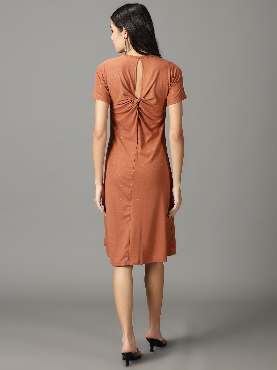 Women's Rust Embellished Round Neck Cut-Out A-Line Dress