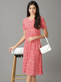 Women's Red Round Neck Abstract Print A-Line Midi Cotton Dress
