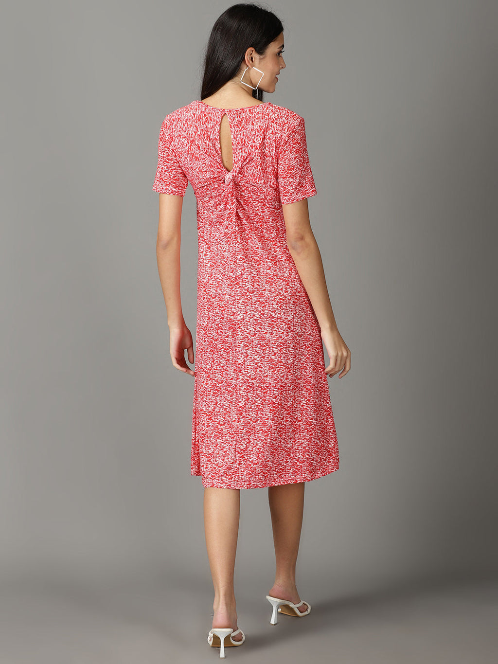 Women's Red Round Neck Abstract Print A-Line Midi Cotton Dress