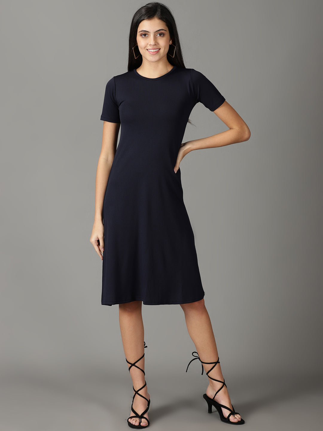 Women's Navy Blue Round Neck A-Line Dress