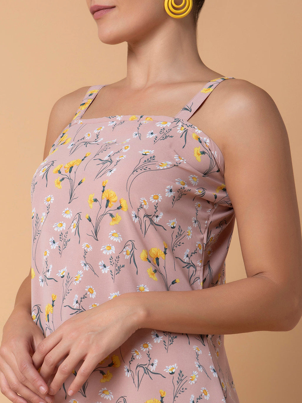 Women's Floral Peach Midi A-Line Dress with Shrug