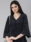 Women's Blue Embellished Flared Sleeves A-Line Mini Dress