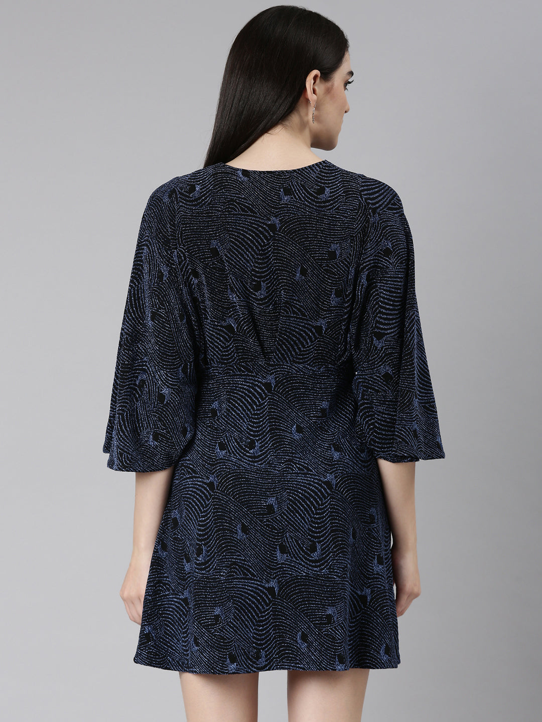 Women's Blue Embellished Flared Sleeves A-Line Mini Dress