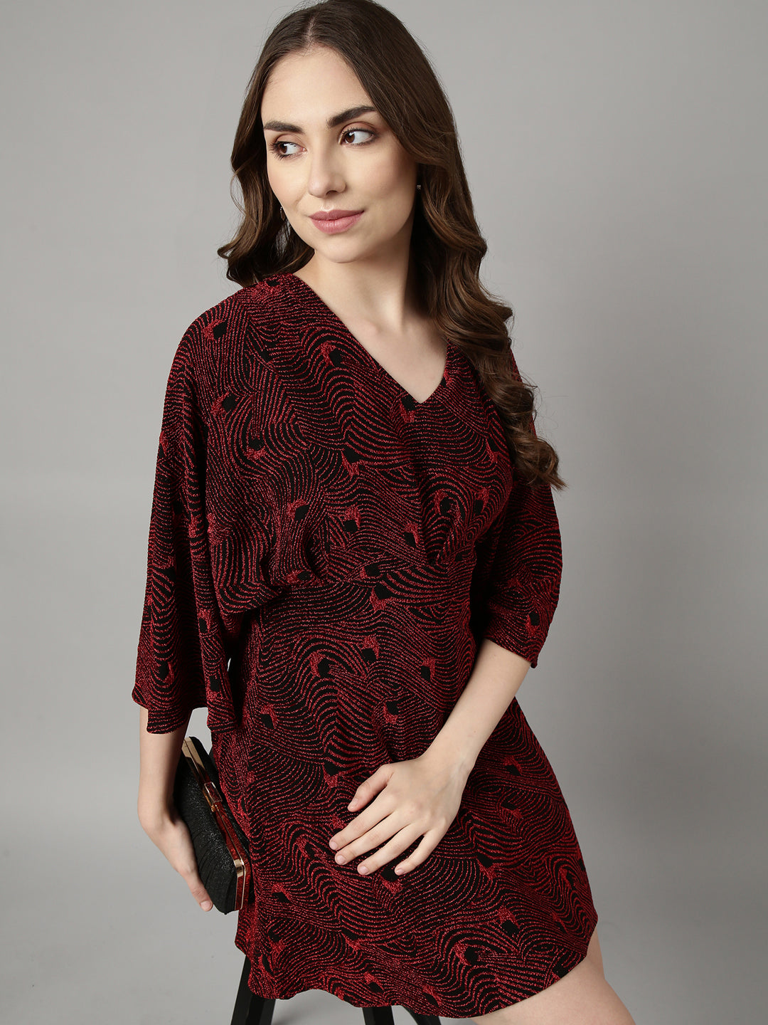 Women's Red Abstract Print V-Neck Fit and Flare Dress