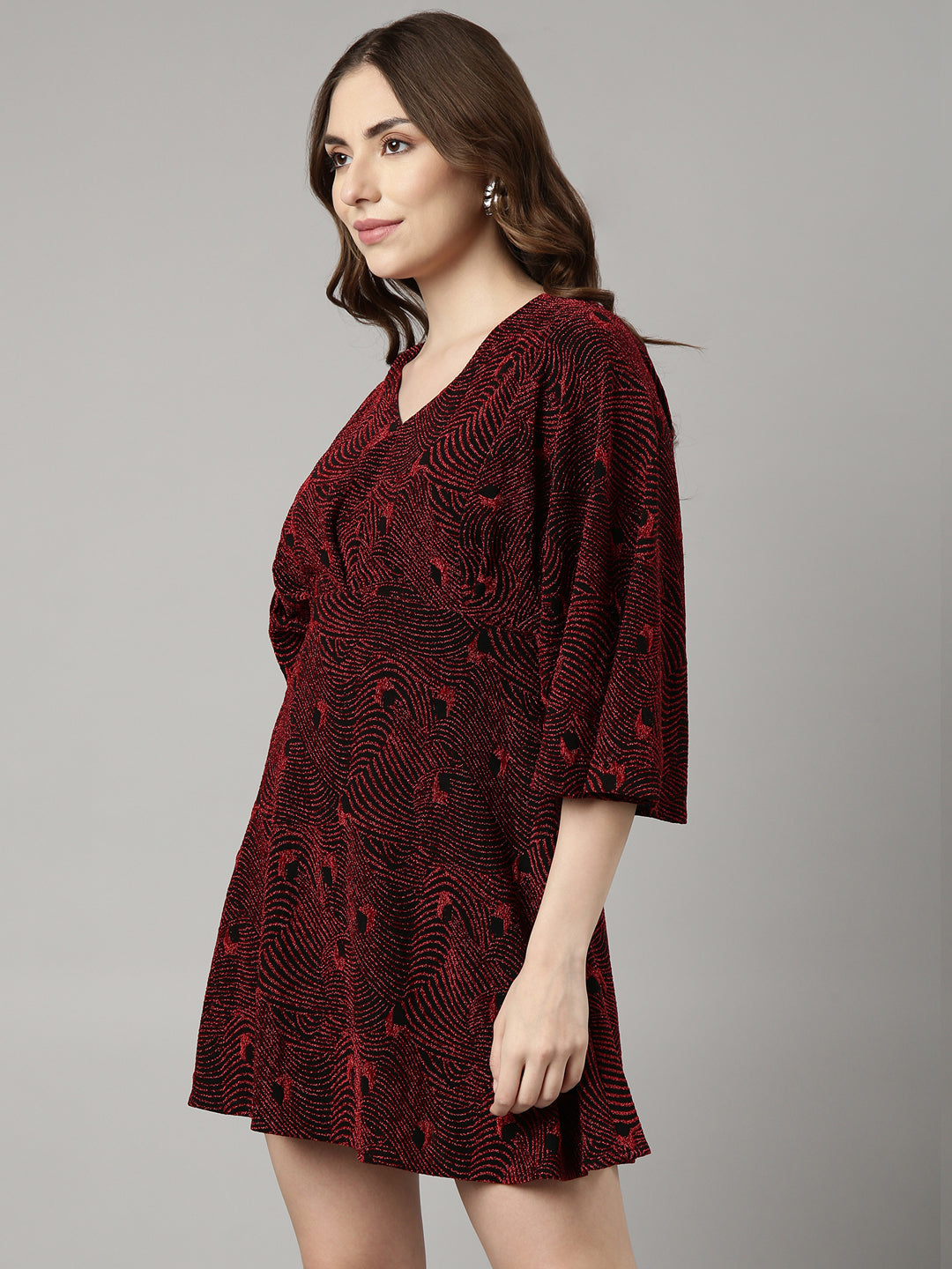 Women's Red Abstract Print V-Neck Fit and Flare Dress