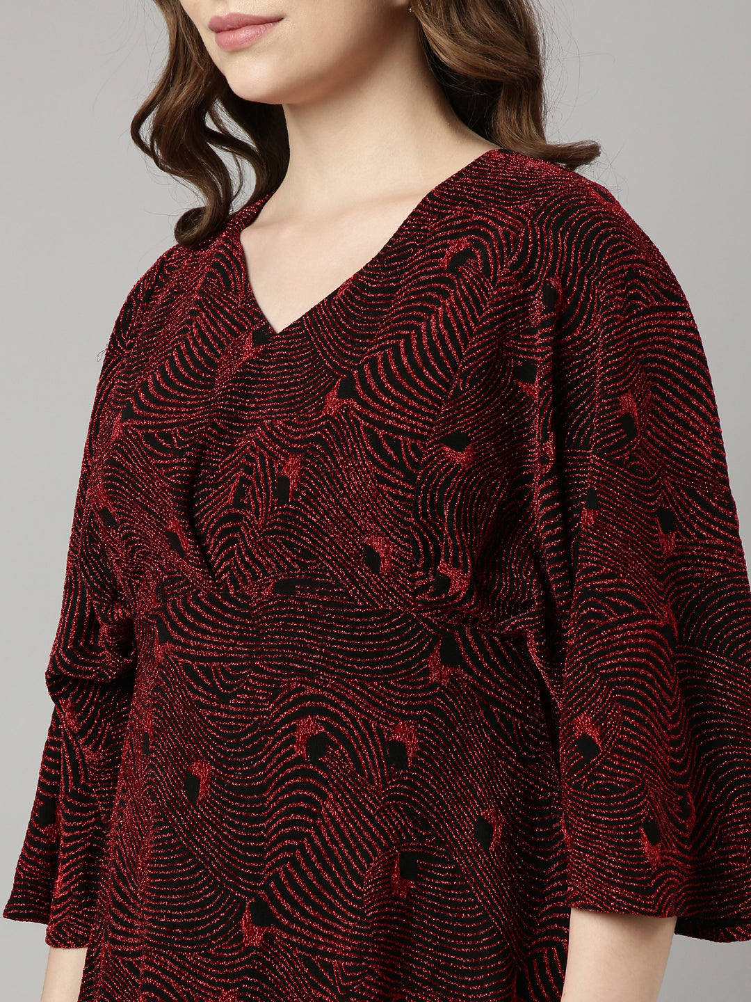 Women's Red Abstract Print V-Neck Fit and Flare Dress