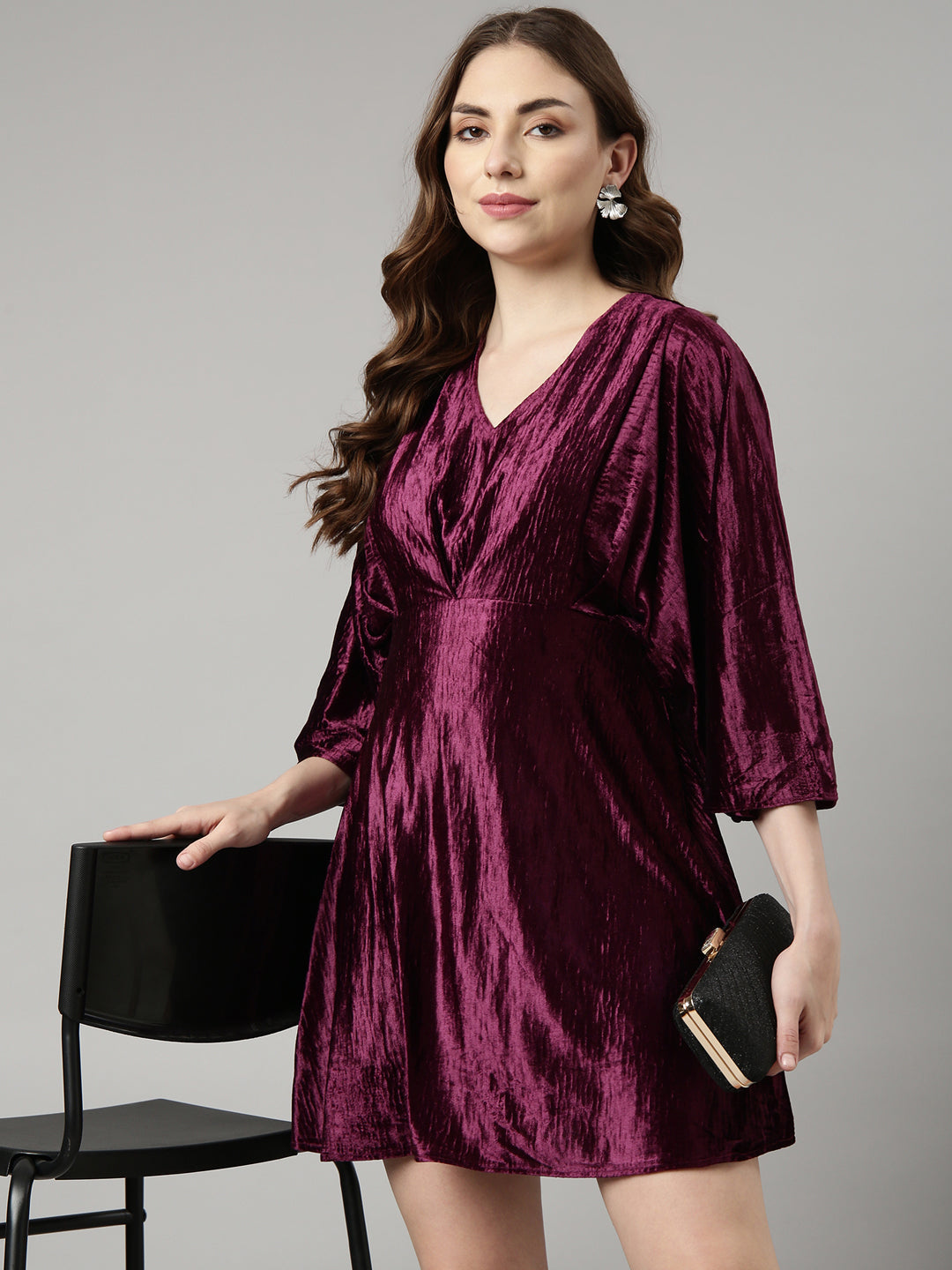 Women's Purple V-Neck Kimono Sleeves Fit & Flare Dress