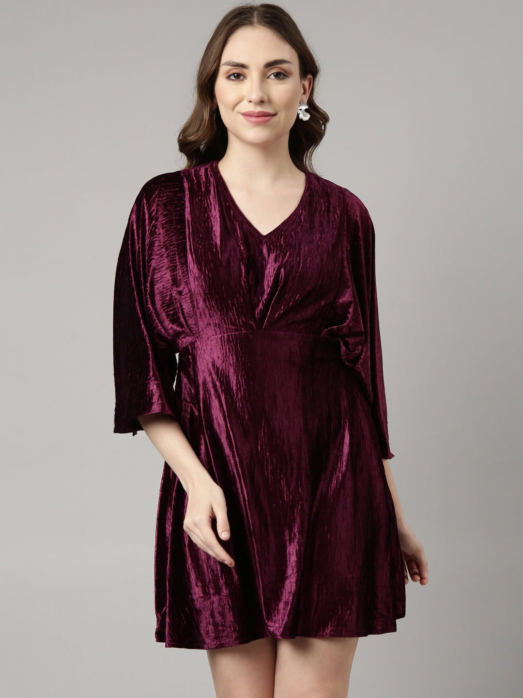 Women's Purple V-Neck Kimono Sleeves Fit & Flare Dress