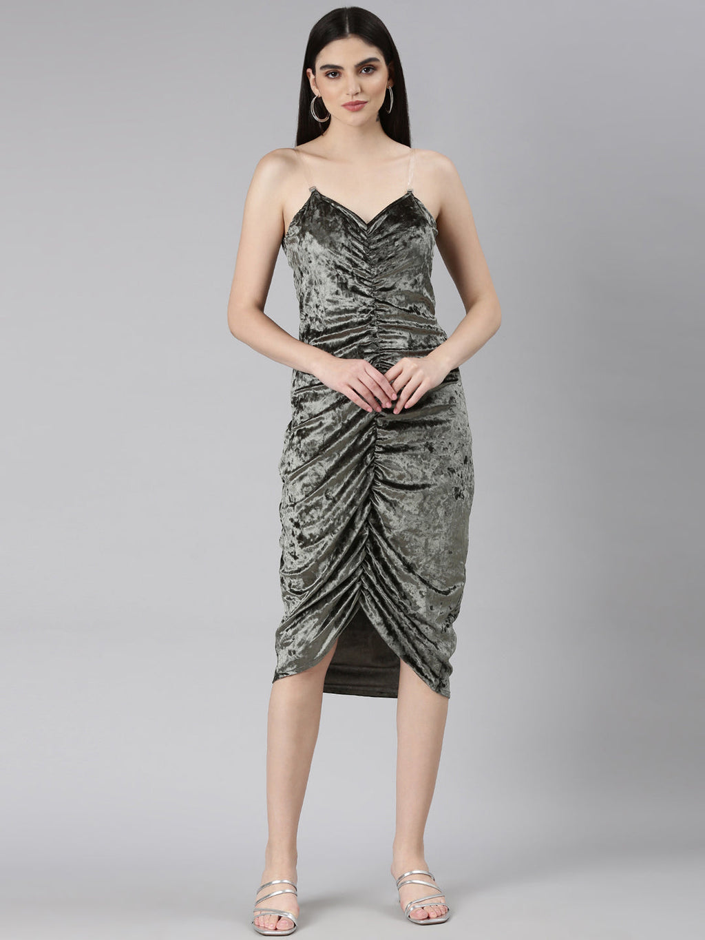 Women's Olive Shoulder Strap Ruched Velvet Sheath Dress