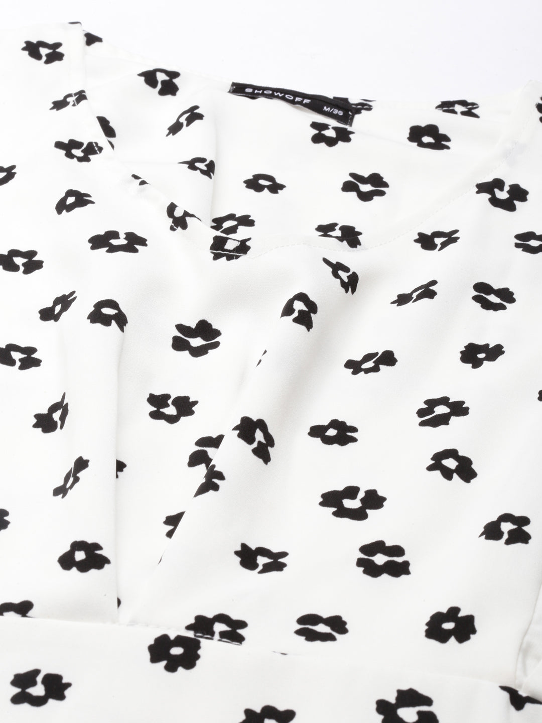 Women's White Geometric Printed V-Neck Flared Sleeves Cotton A-Line Dress