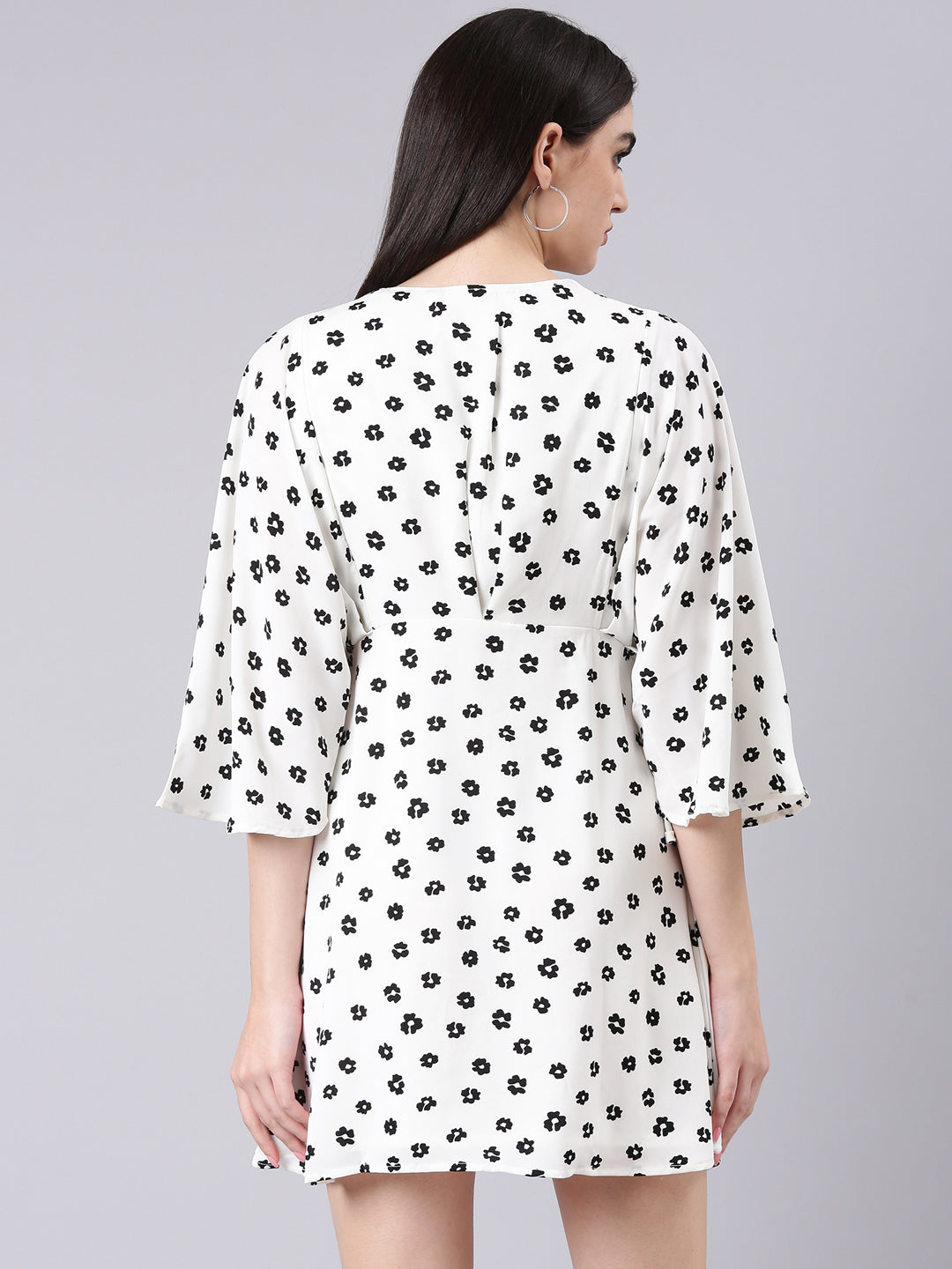 Women's White Geometric Printed V-Neck Flared Sleeves Cotton A-Line Dress
