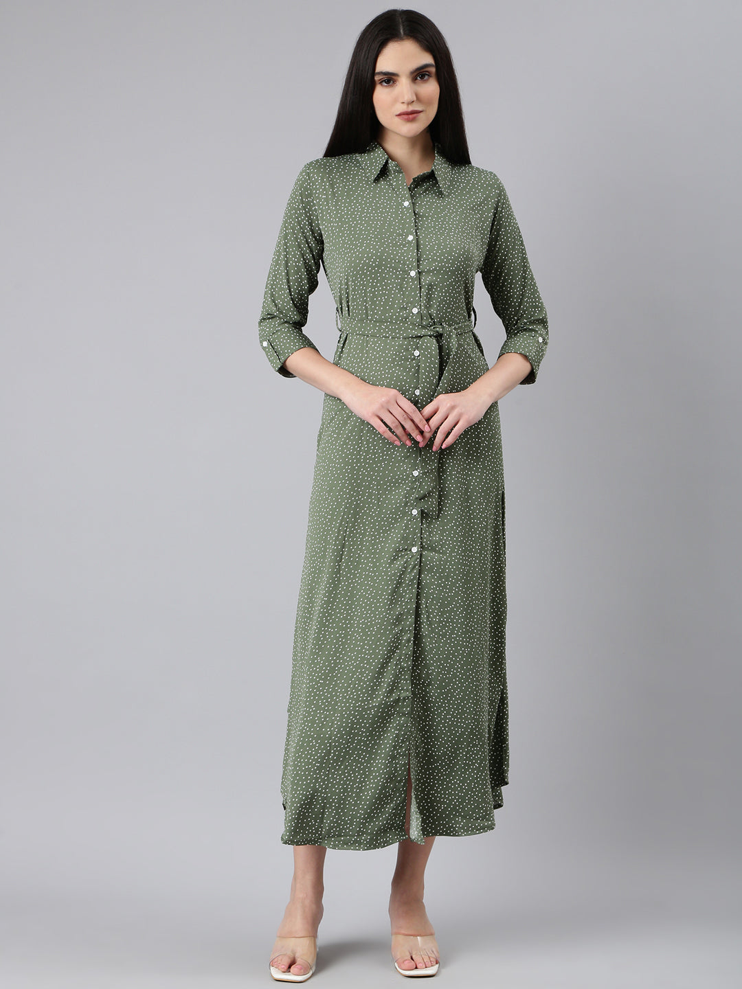 Women's Olive Printed Shirt Midi Dress