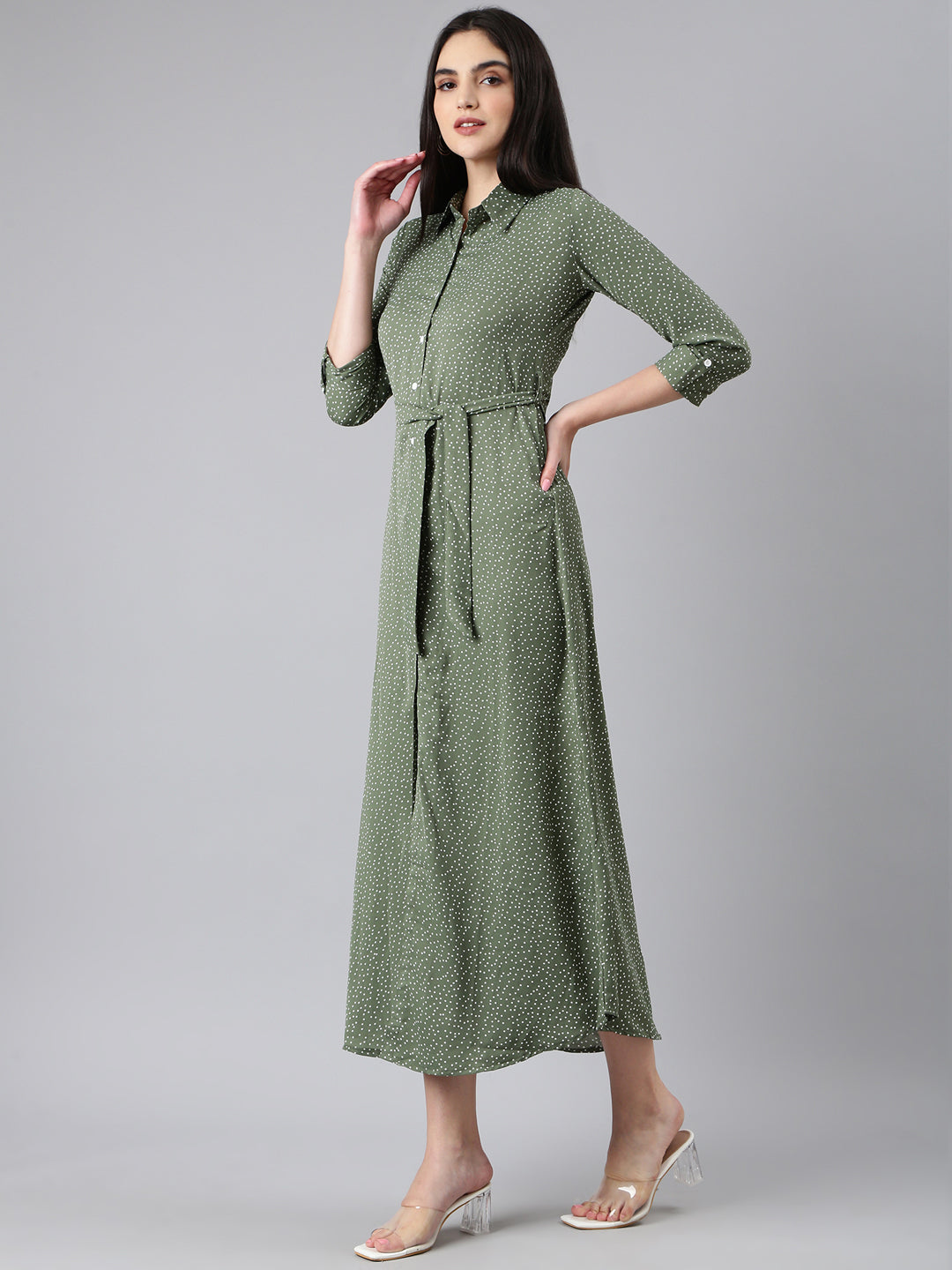 Women's Olive Printed Shirt Midi Dress